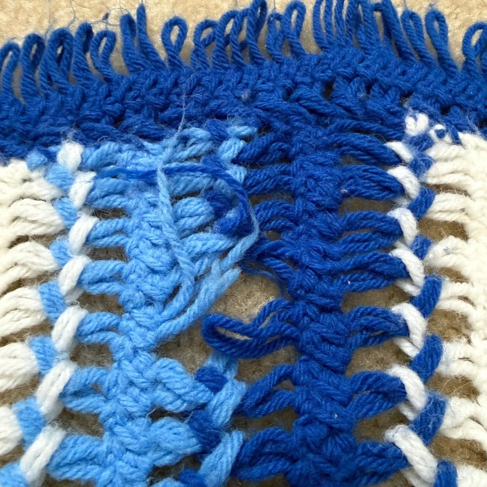 Vintage Handmade Crochet Afghan Blanket Blue White Striped Fringe Throw 97x47